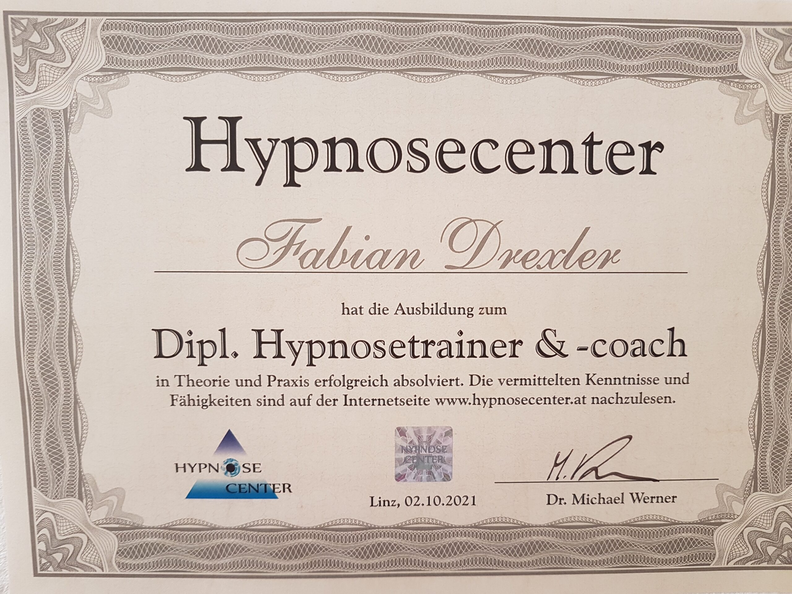 Zertifikat als diplomierter Hypnosetrainer von Fabian Drexler, Wien Hypnose