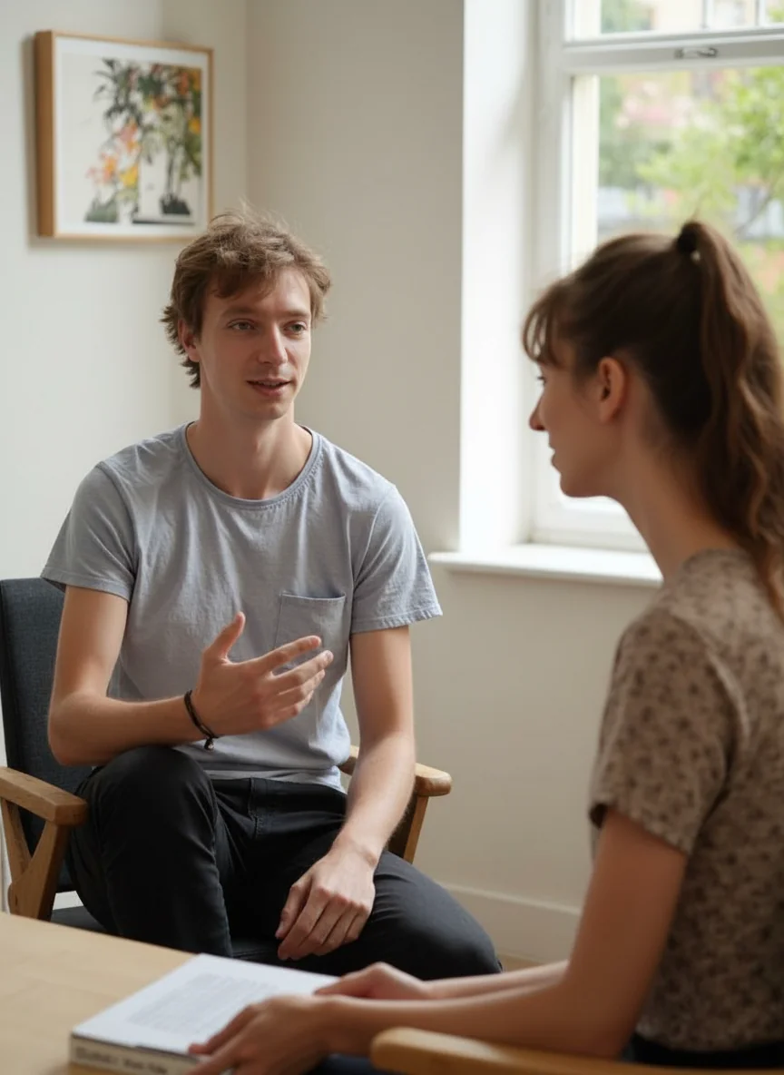 Persönliche Beratung zur Hypnose-Ausbildung in Wien - Fabian Drexler im Gespräch mit einer interessierten Teilnehmerin in entspannter Atmosphäre